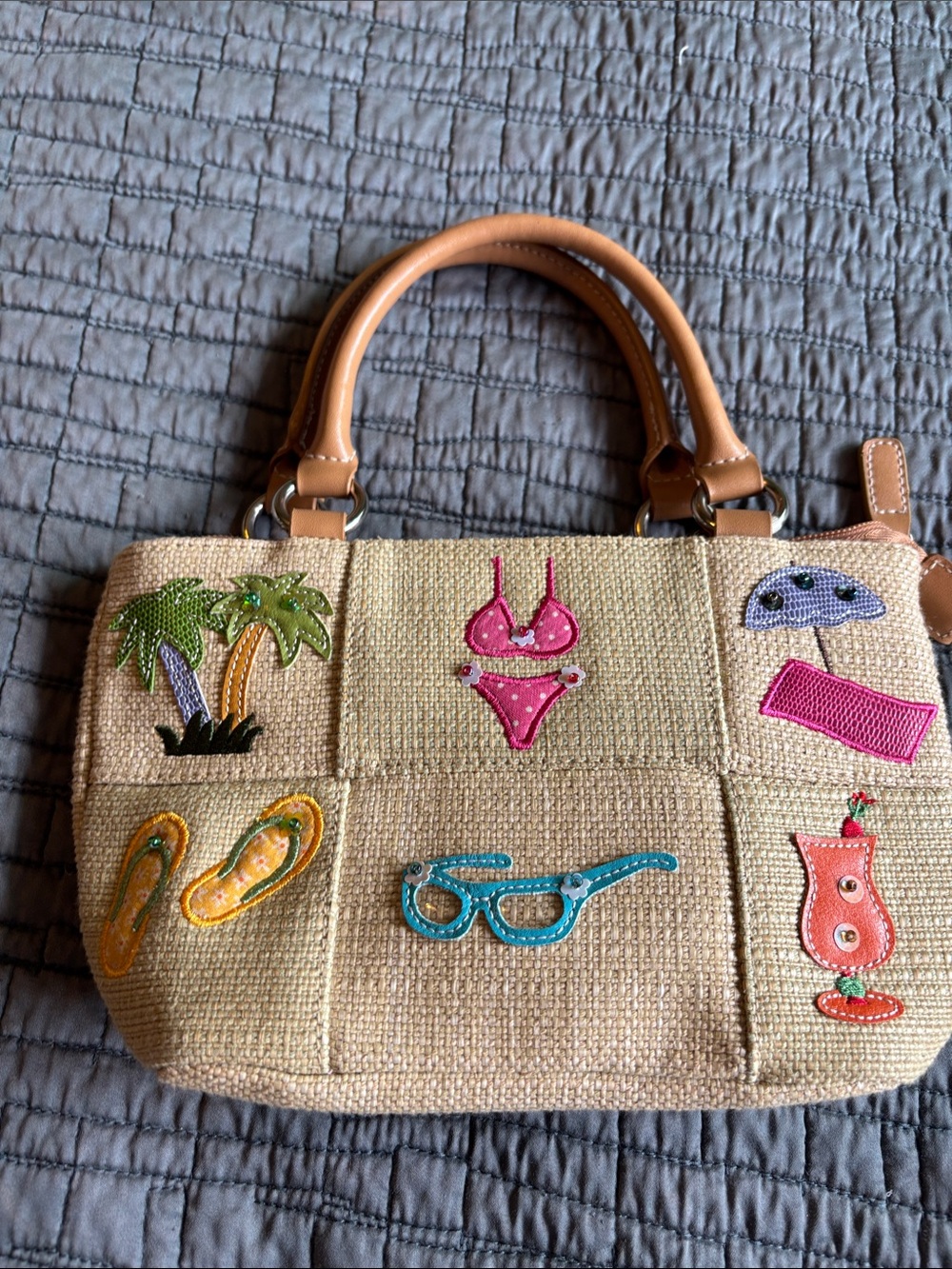 Woven Beach Patchwork mini purse in Tan with Summer Patches. Strap for crossbody